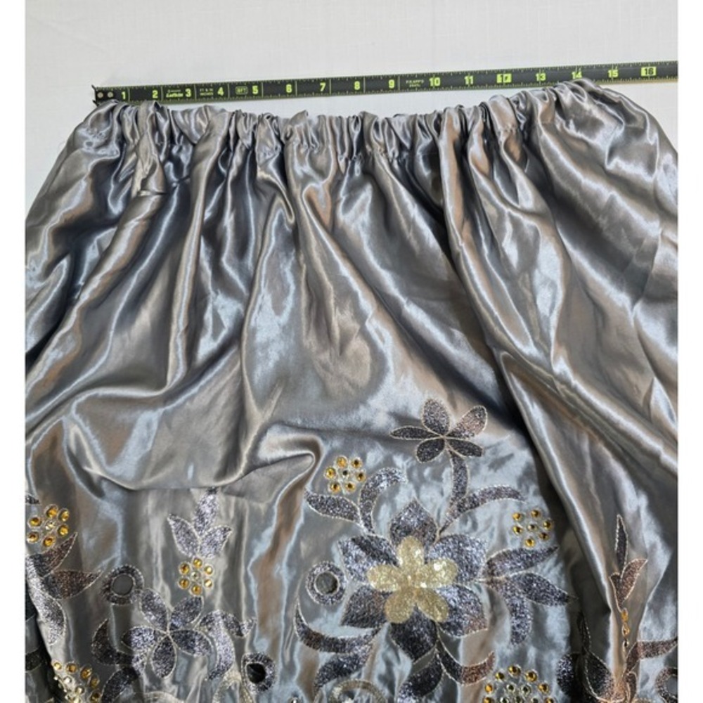 Silver Floral Sequin Embroidered Mesh Panel Maxi Skirt Elastic Waist Scalloped - Picture 3 of 5